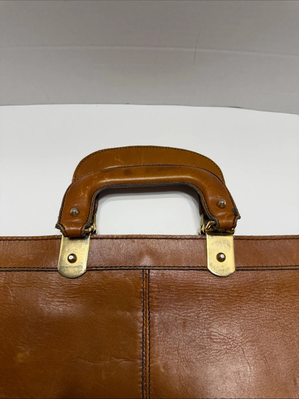 Men's Tan Leather Top-Handle Briefcase with Brass Accents